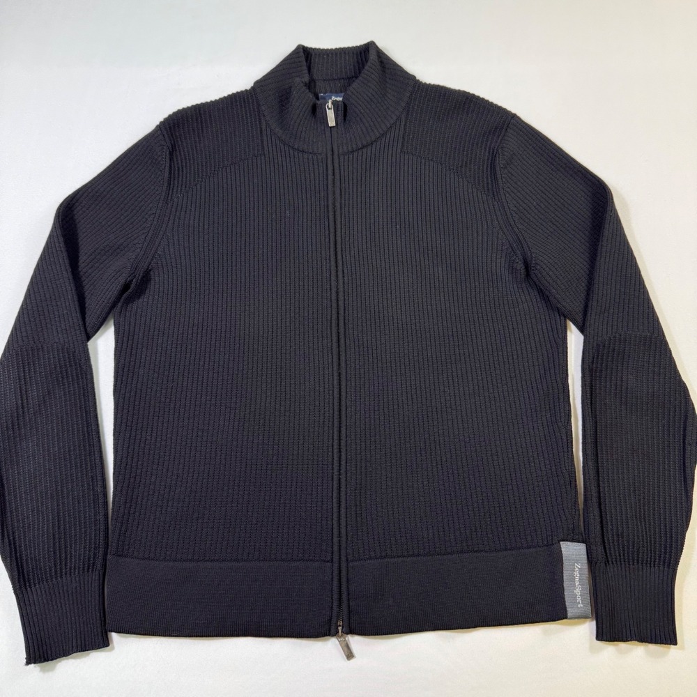 Zegna Sport Full Zip Cardigan Mens Small Black Ribbed 100% Wool Mock Neck EUC